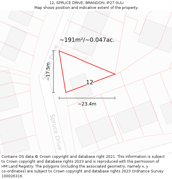 12, SPRUCE DRIVE, BRANDON, IP27 0UU: Plot and title map