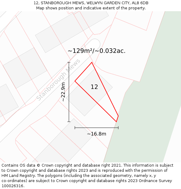 12, STANBOROUGH MEWS, WELWYN GARDEN CITY, AL8 6DB: Plot and title map