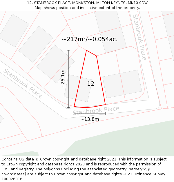 12, STANBROOK PLACE, MONKSTON, MILTON KEYNES, MK10 9DW: Plot and title map