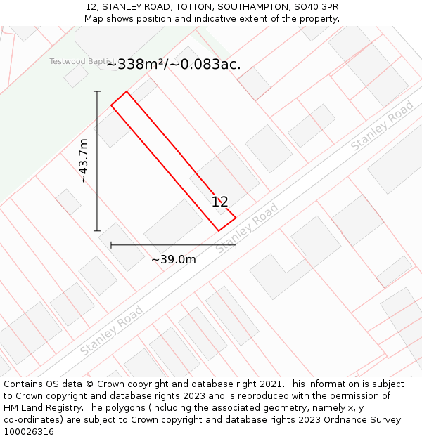 12, STANLEY ROAD, TOTTON, SOUTHAMPTON, SO40 3PR: Plot and title map