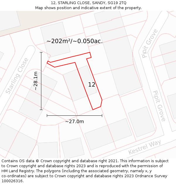 12, STARLING CLOSE, SANDY, SG19 2TQ: Plot and title map