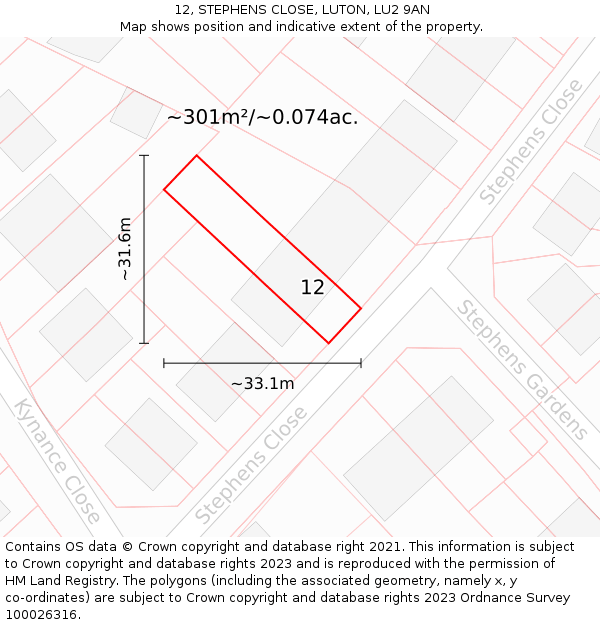 12, STEPHENS CLOSE, LUTON, LU2 9AN: Plot and title map
