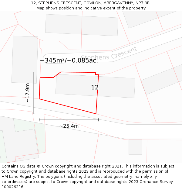 12, STEPHENS CRESCENT, GOVILON, ABERGAVENNY, NP7 9RL: Plot and title map