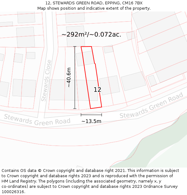12, STEWARDS GREEN ROAD, EPPING, CM16 7BX: Plot and title map