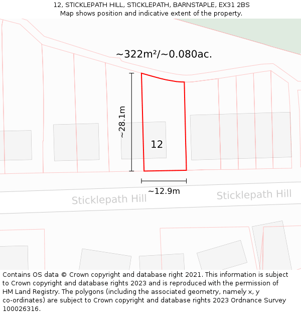 12, STICKLEPATH HILL, STICKLEPATH, BARNSTAPLE, EX31 2BS: Plot and title map
