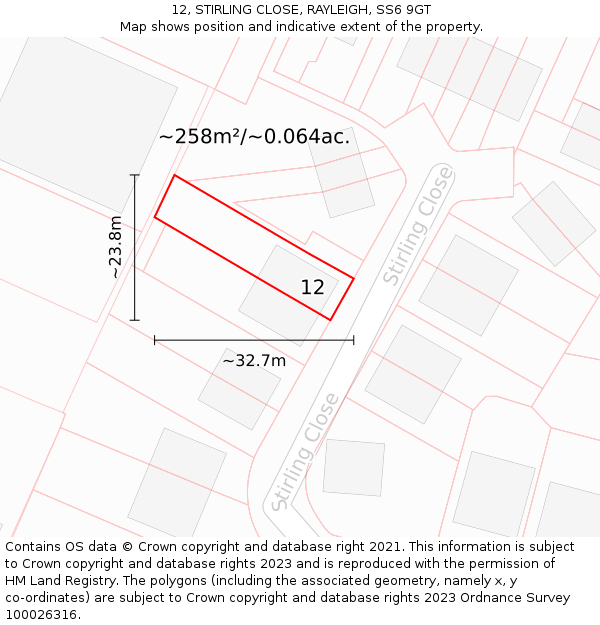 12, STIRLING CLOSE, RAYLEIGH, SS6 9GT: Plot and title map