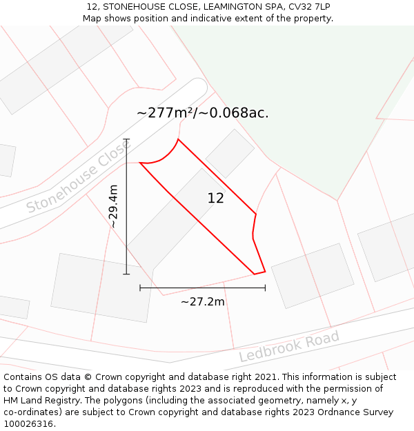 12, STONEHOUSE CLOSE, LEAMINGTON SPA, CV32 7LP: Plot and title map