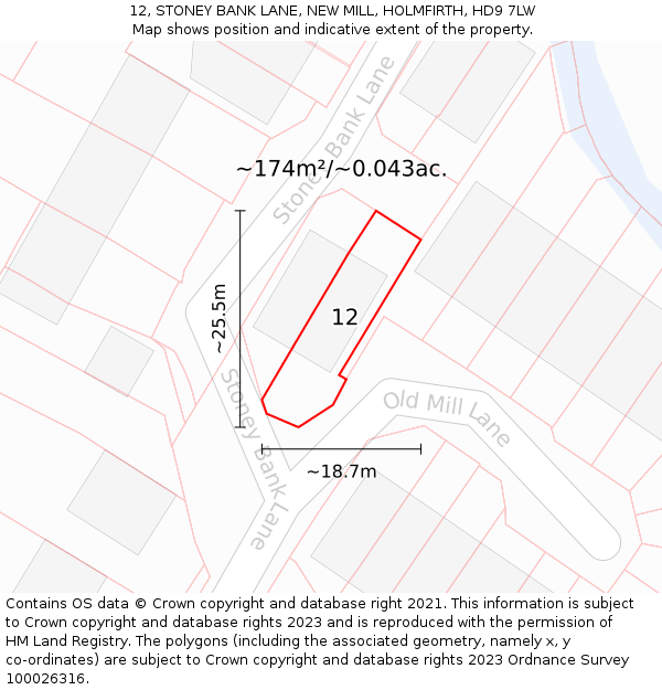 12, STONEY BANK LANE, NEW MILL, HOLMFIRTH, HD9 7LW: Plot and title map