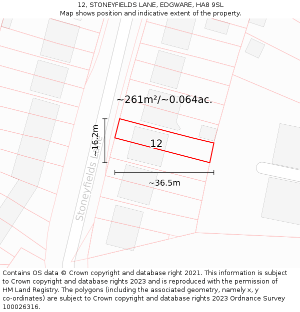 12, STONEYFIELDS LANE, EDGWARE, HA8 9SL: Plot and title map