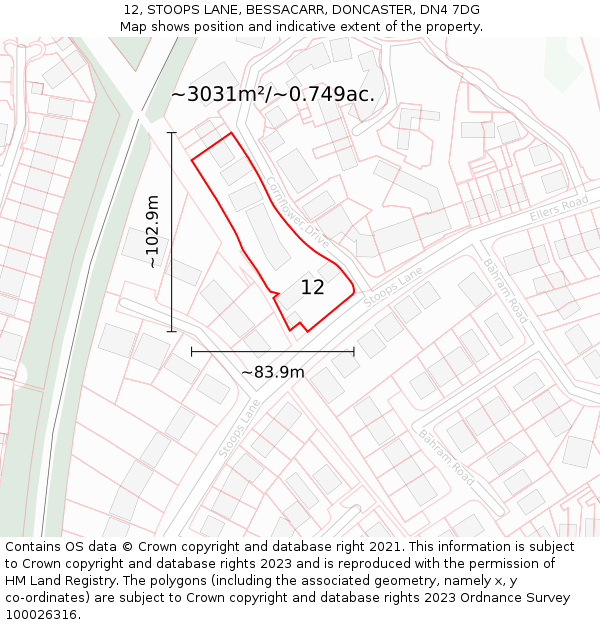 12, STOOPS LANE, BESSACARR, DONCASTER, DN4 7DG: Plot and title map