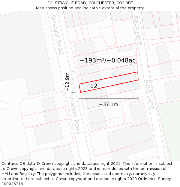 12, STRAIGHT ROAD, COLCHESTER, CO3 9BT: Plot and title map
