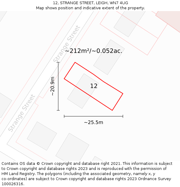 12, STRANGE STREET, LEIGH, WN7 4UG: Plot and title map