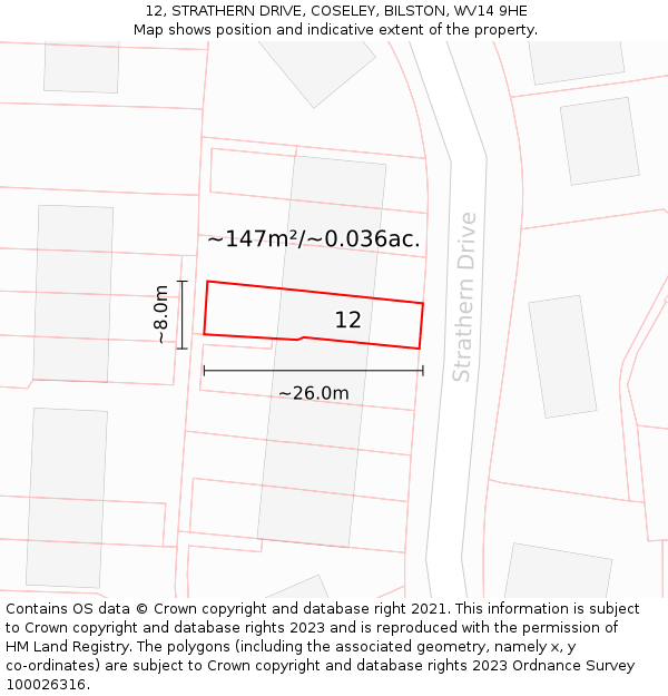 12, STRATHERN DRIVE, COSELEY, BILSTON, WV14 9HE: Plot and title map