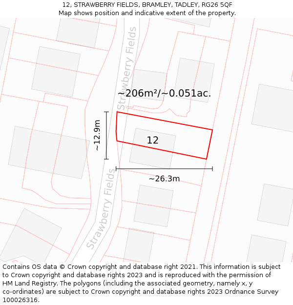 12, STRAWBERRY FIELDS, BRAMLEY, TADLEY, RG26 5QF: Plot and title map