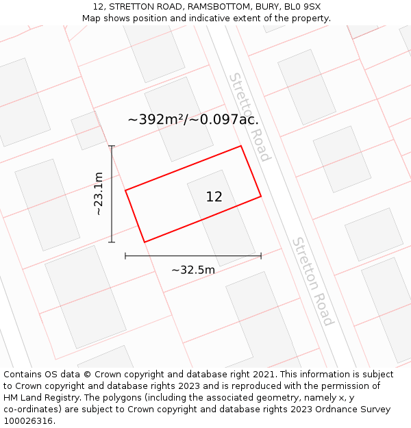 12, STRETTON ROAD, RAMSBOTTOM, BURY, BL0 9SX: Plot and title map