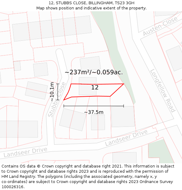 12, STUBBS CLOSE, BILLINGHAM, TS23 3GH: Plot and title map