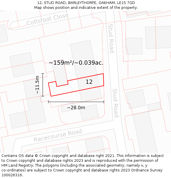 12, STUD ROAD, BARLEYTHORPE, OAKHAM, LE15 7GD: Plot and title map