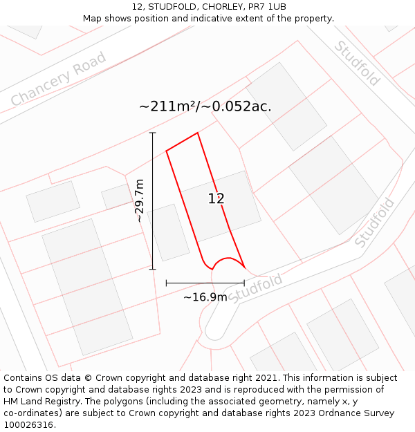 12, STUDFOLD, CHORLEY, PR7 1UB: Plot and title map
