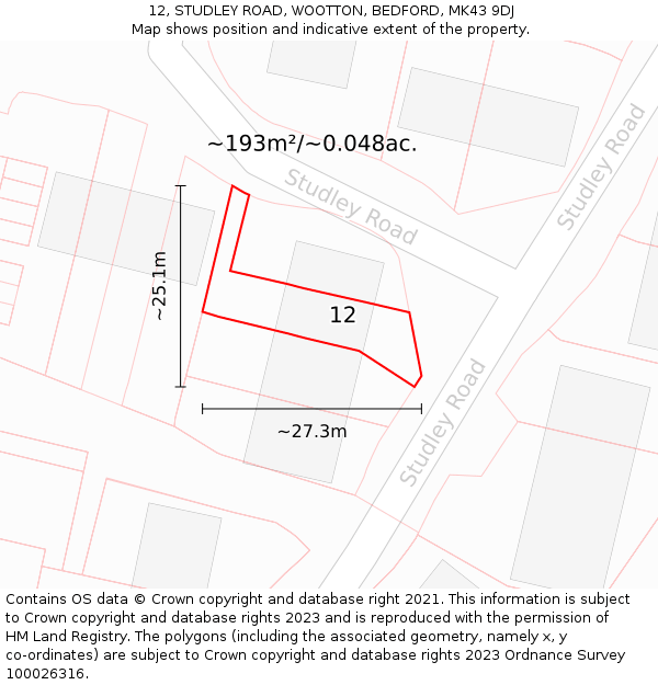12, STUDLEY ROAD, WOOTTON, BEDFORD, MK43 9DJ: Plot and title map