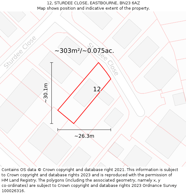 12, STURDEE CLOSE, EASTBOURNE, BN23 6AZ: Plot and title map