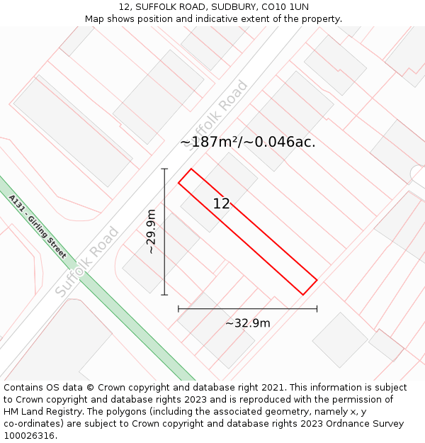 12, SUFFOLK ROAD, SUDBURY, CO10 1UN: Plot and title map