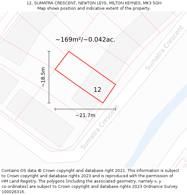 12, SUMATRA CRESCENT, NEWTON LEYS, MILTON KEYNES, MK3 5GH: Plot and title map