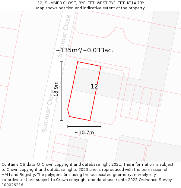 12, SUMMER CLOSE, BYFLEET, WEST BYFLEET, KT14 7RY: Plot and title map