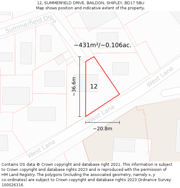 12, SUMMERFIELD DRIVE, BAILDON, SHIPLEY, BD17 5BU: Plot and title map