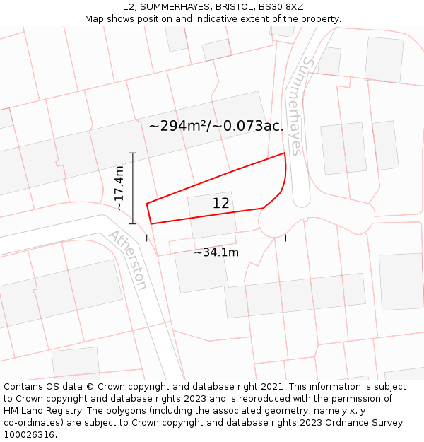 12, SUMMERHAYES, BRISTOL, BS30 8XZ: Plot and title map