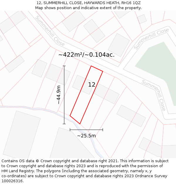 12, SUMMERHILL CLOSE, HAYWARDS HEATH, RH16 1QZ: Plot and title map