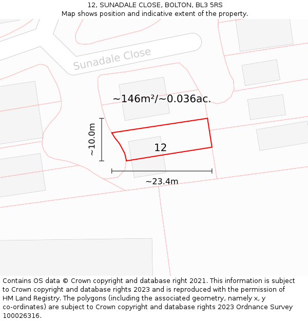 12, SUNADALE CLOSE, BOLTON, BL3 5RS: Plot and title map