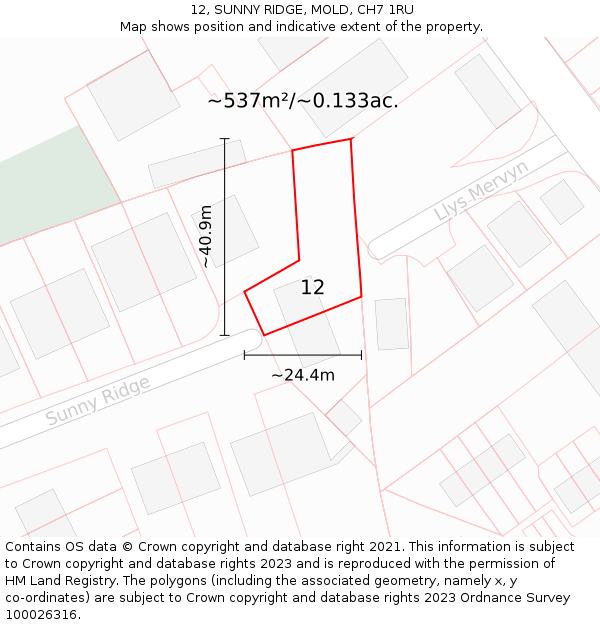 12, SUNNY RIDGE, MOLD, CH7 1RU: Plot and title map