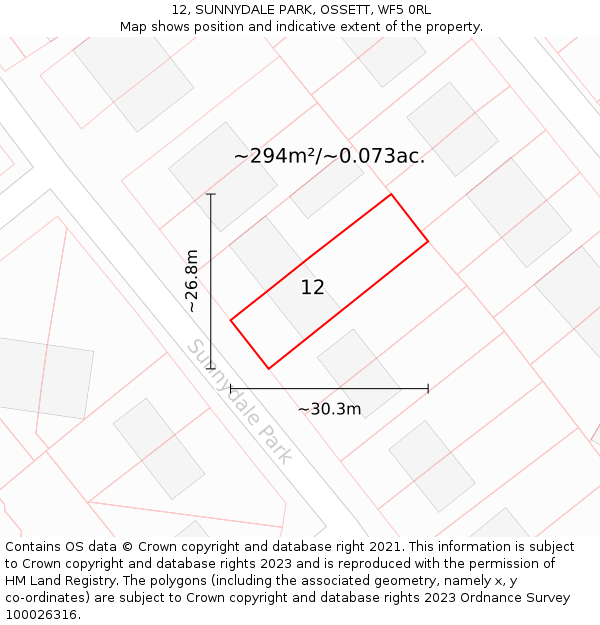 12, SUNNYDALE PARK, OSSETT, WF5 0RL: Plot and title map