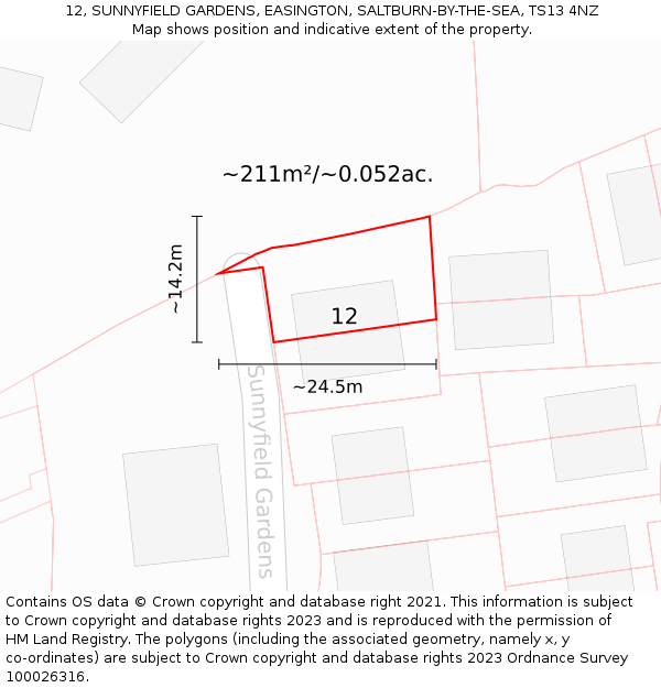 12, SUNNYFIELD GARDENS, EASINGTON, SALTBURN-BY-THE-SEA, TS13 4NZ: Plot and title map
