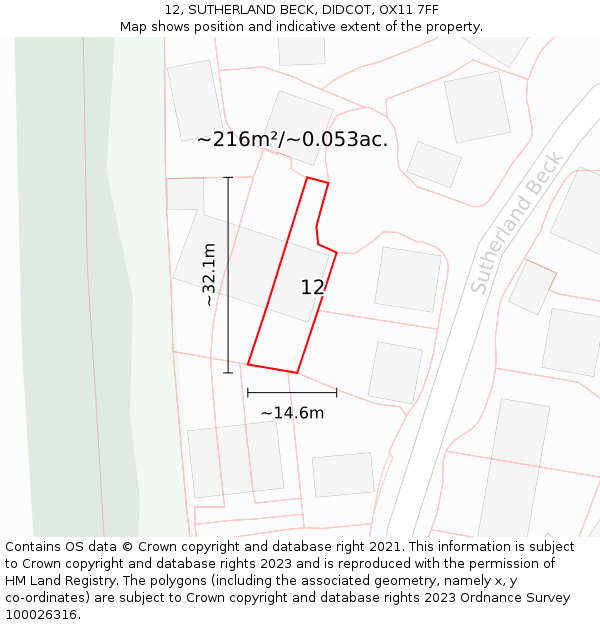 12, SUTHERLAND BECK, DIDCOT, OX11 7FF: Plot and title map
