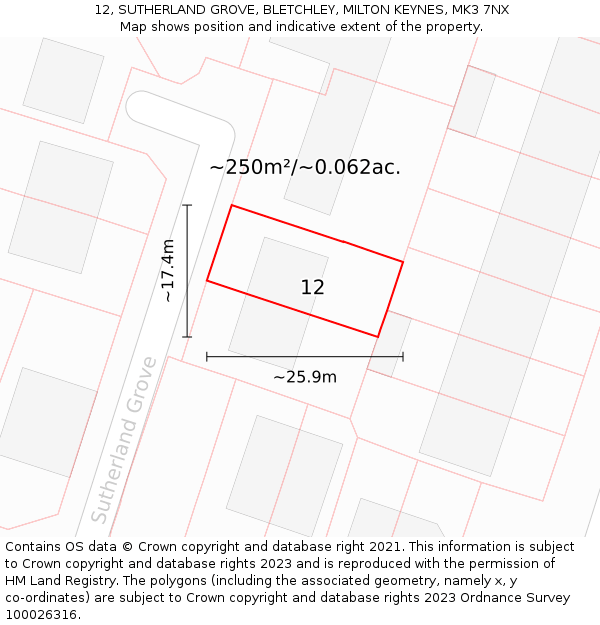 12, SUTHERLAND GROVE, BLETCHLEY, MILTON KEYNES, MK3 7NX: Plot and title map