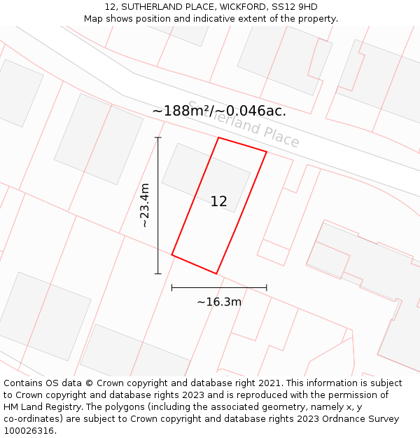 12, SUTHERLAND PLACE, WICKFORD, SS12 9HD: Plot and title map