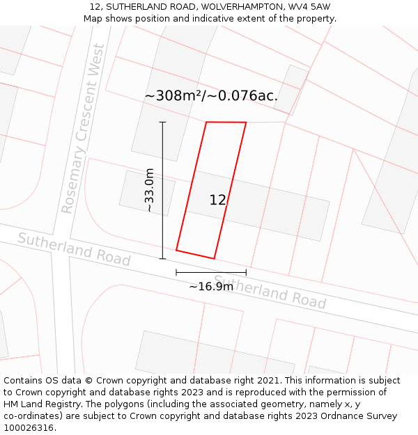 12, SUTHERLAND ROAD, WOLVERHAMPTON, WV4 5AW: Plot and title map