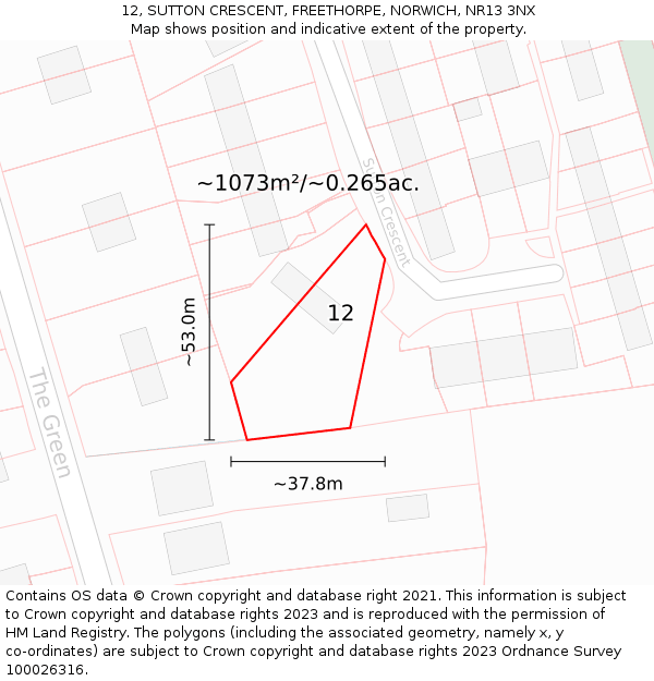 12, SUTTON CRESCENT, FREETHORPE, NORWICH, NR13 3NX: Plot and title map
