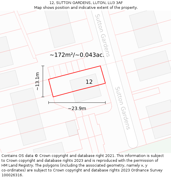 12, SUTTON GARDENS, LUTON, LU3 3AF: Plot and title map
