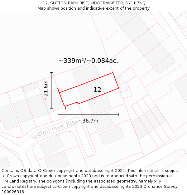 12, SUTTON PARK RISE, KIDDERMINSTER, DY11 7NQ: Plot and title map