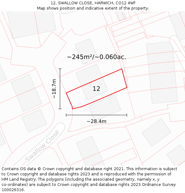 12, SWALLOW CLOSE, HARWICH, CO12 4WF: Plot and title map