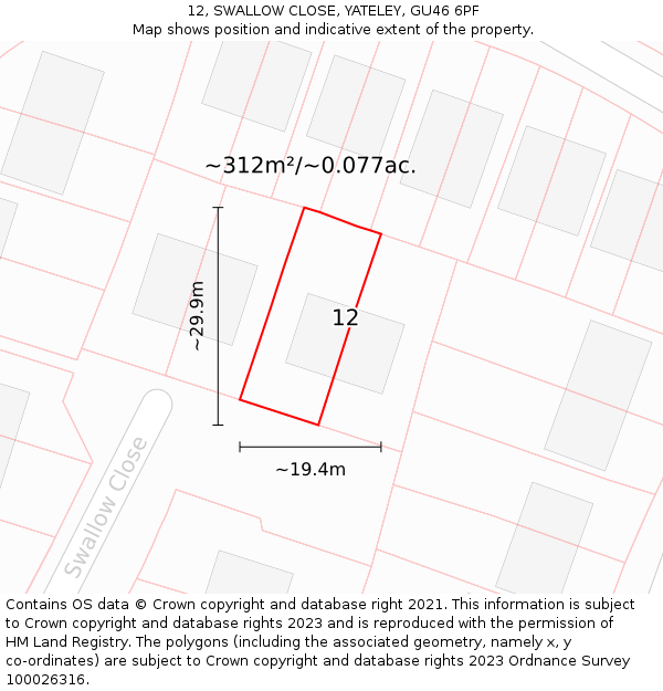 12, SWALLOW CLOSE, YATELEY, GU46 6PF: Plot and title map