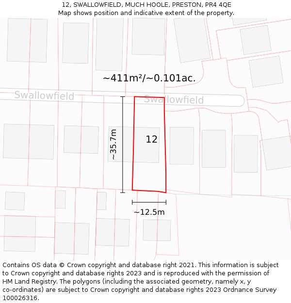12, SWALLOWFIELD, MUCH HOOLE, PRESTON, PR4 4QE: Plot and title map
