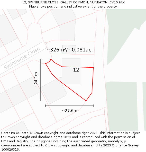 12, SWINBURNE CLOSE, GALLEY COMMON, NUNEATON, CV10 9RX: Plot and title map