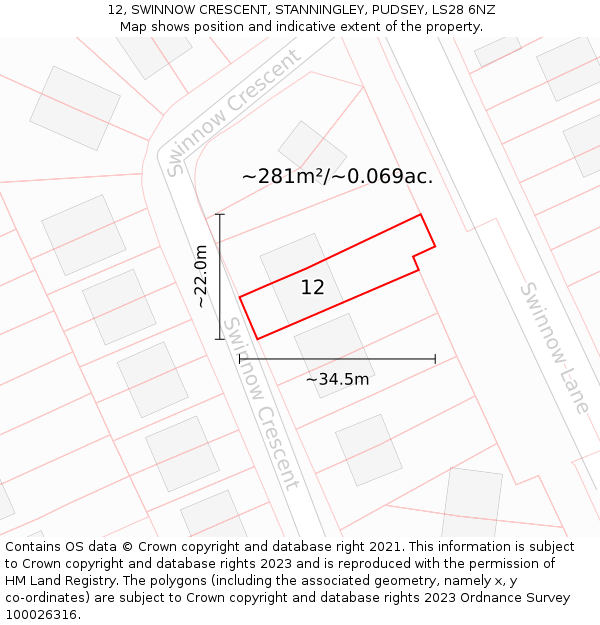 12, SWINNOW CRESCENT, STANNINGLEY, PUDSEY, LS28 6NZ: Plot and title map