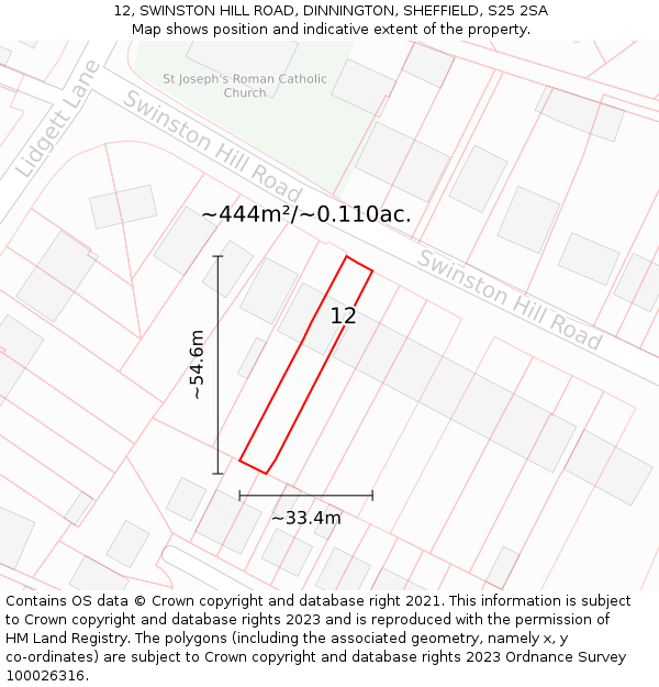 12, SWINSTON HILL ROAD, DINNINGTON, SHEFFIELD, S25 2SA: Plot and title map