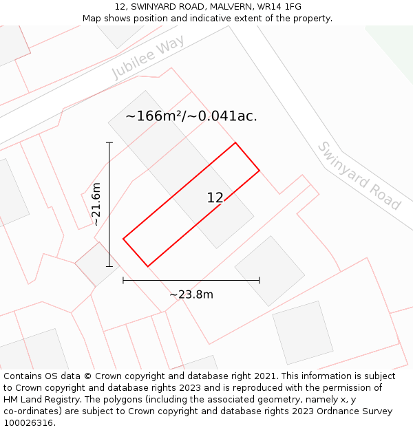 12, SWINYARD ROAD, MALVERN, WR14 1FG: Plot and title map