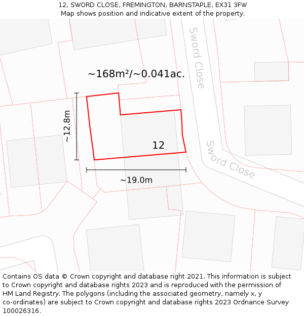 12, SWORD CLOSE, FREMINGTON, BARNSTAPLE, EX31 3FW: Plot and title map