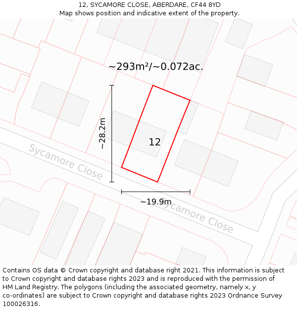 12, SYCAMORE CLOSE, ABERDARE, CF44 8YD: Plot and title map